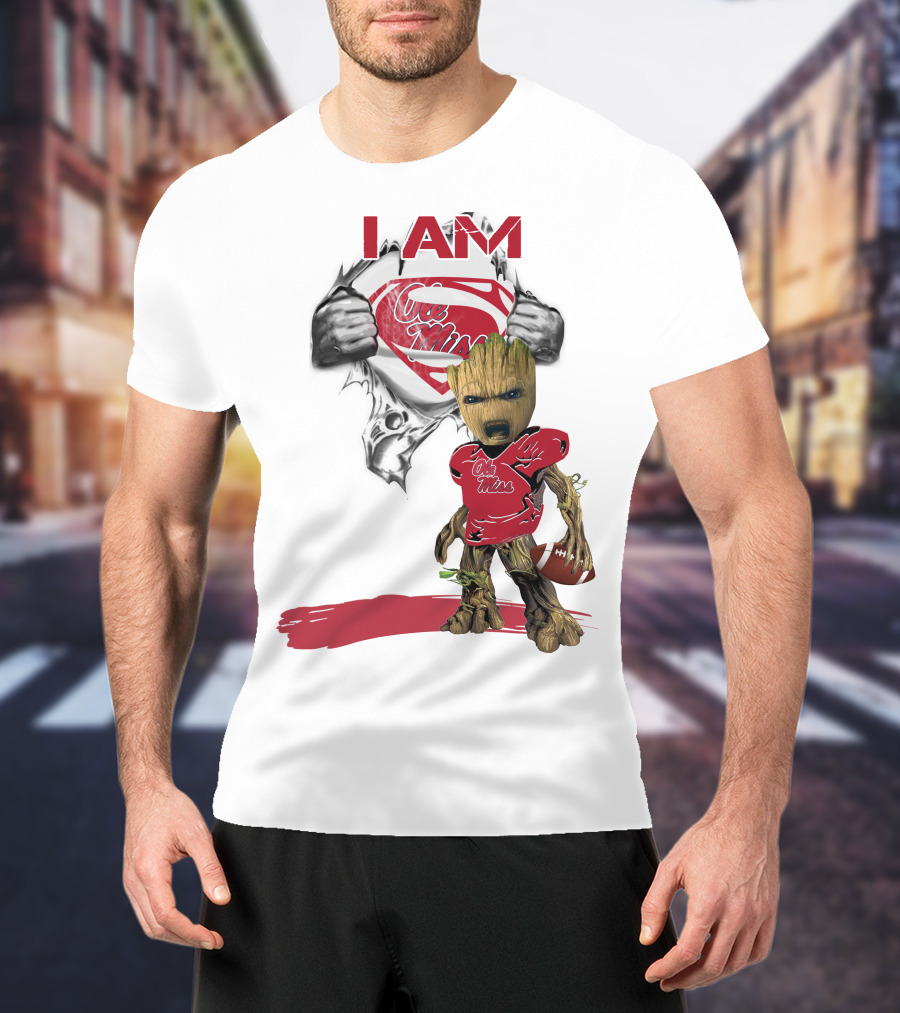 I Am Ole Miss Baby Groot Superman Football Player T-Shirt