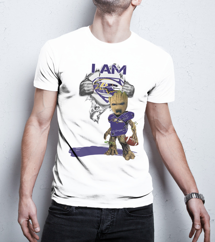 I Am Ravens Baby Groot Superman Football Ravens T-Shirt