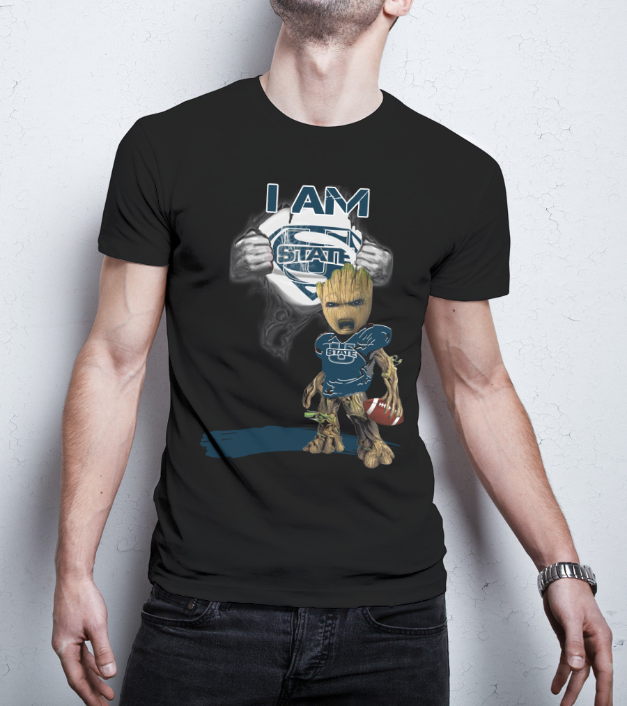 I AM Utah State Baby Groot Superman Football T-Shirt