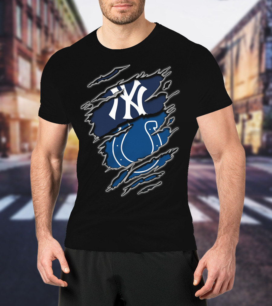 New York Yankees Logo Indianapolis Colts Horseshoe Ripped Effect T-Shirt