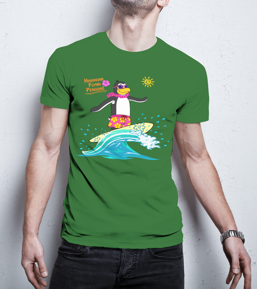 Hawaiian Flynn Penguin Surfing With Floral Lei And Sunglasses T-Shirt