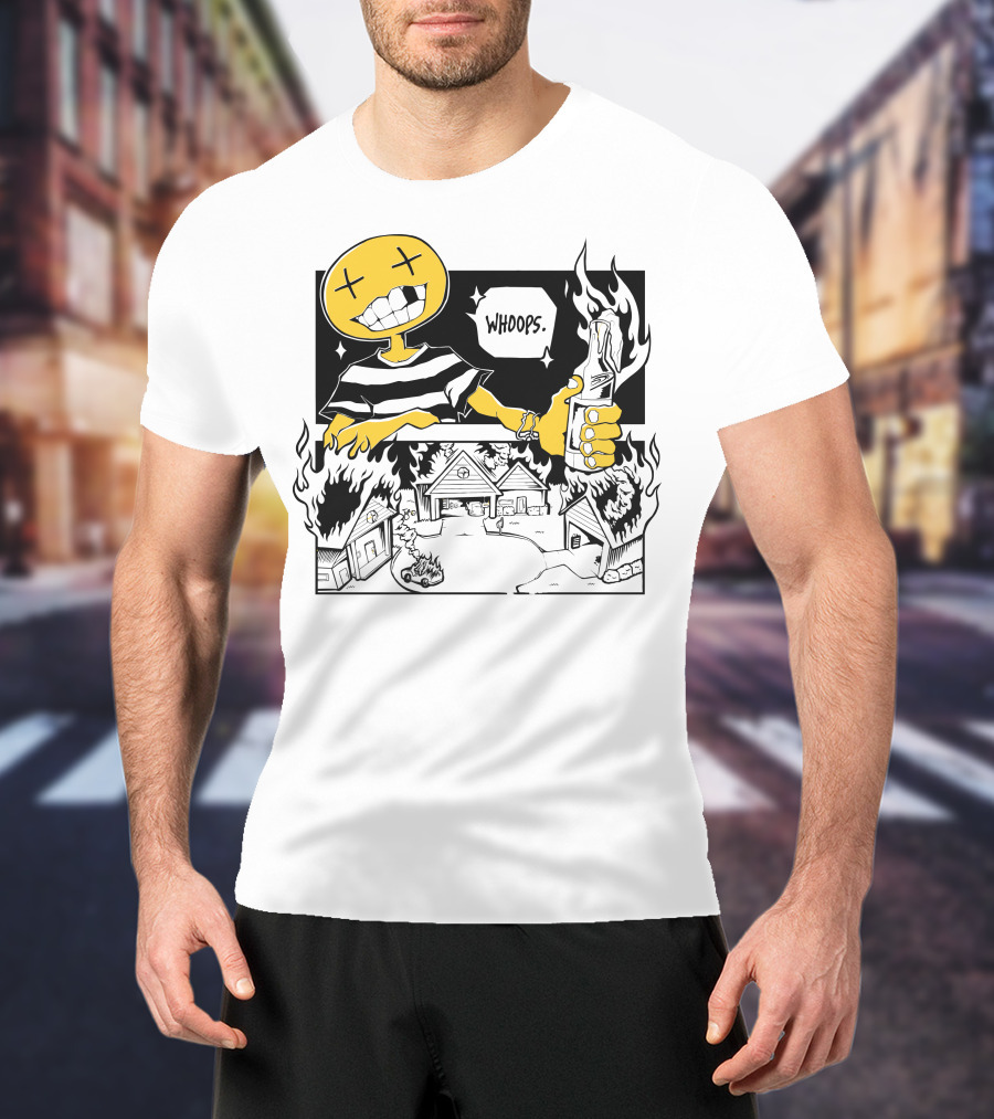 OFFCANNY Whoops Mischievous Grin Burning House Scene T-Shirt