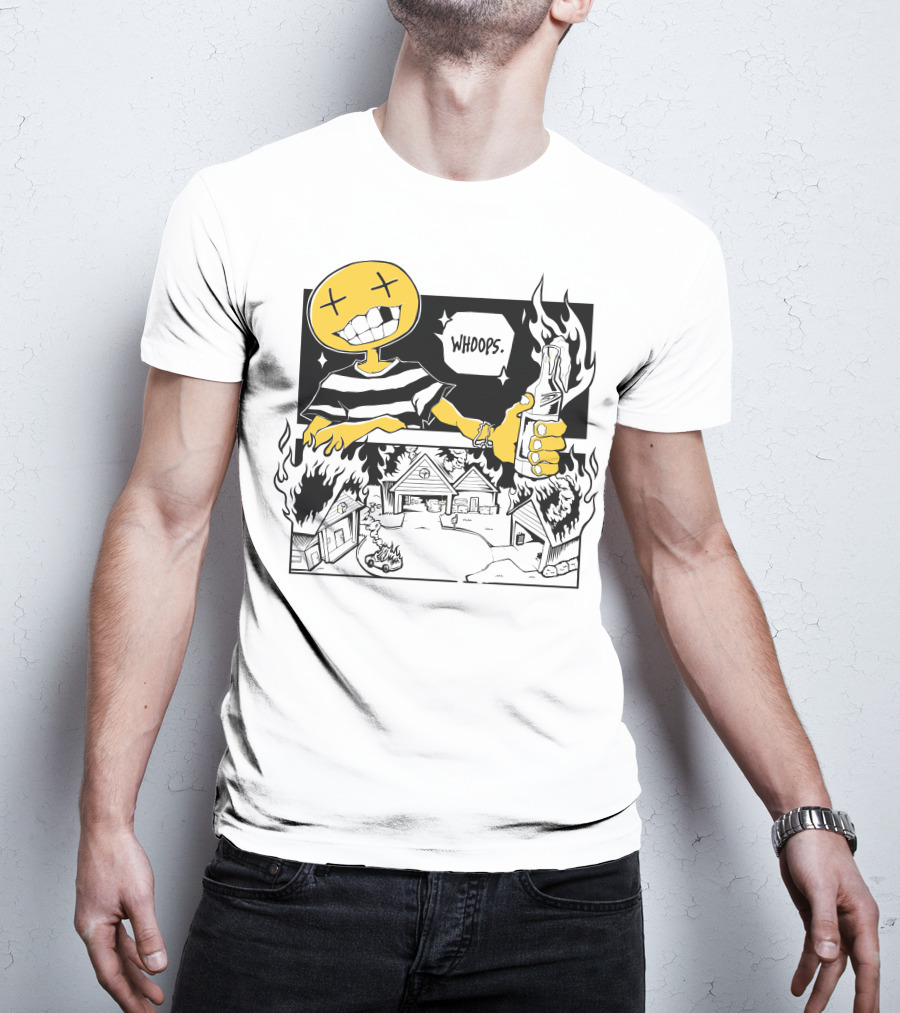 OFFCANNY Whoops Mischievous Grin Burning House Scene T-Shirt