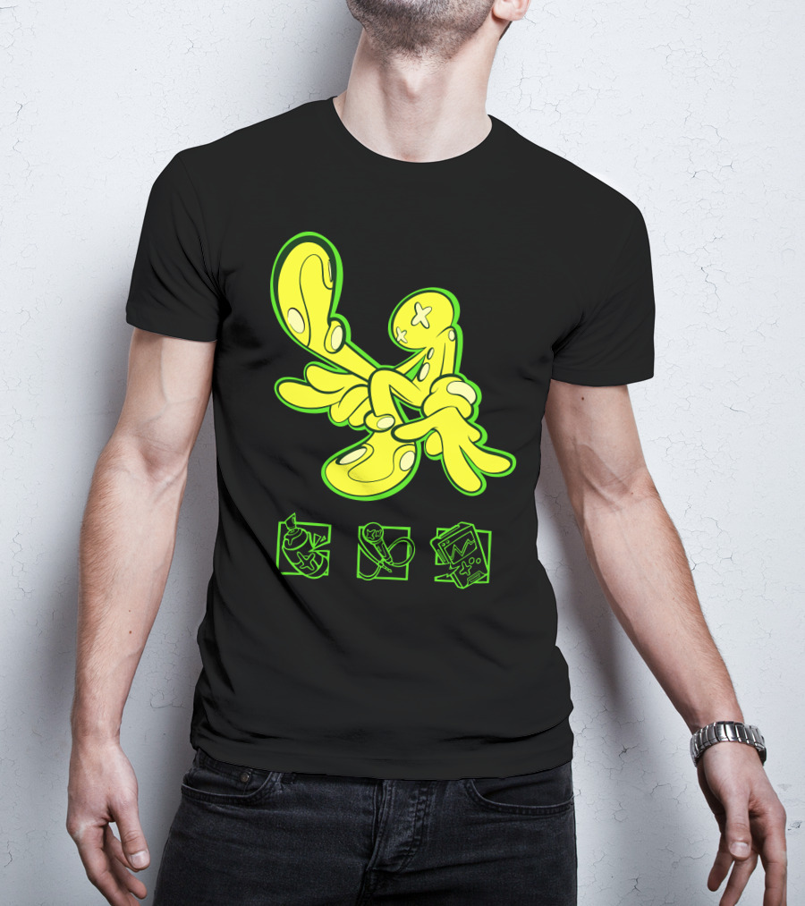OFFCANNY Neon Cartoon Figure With Iconic Symbols T-Shirt