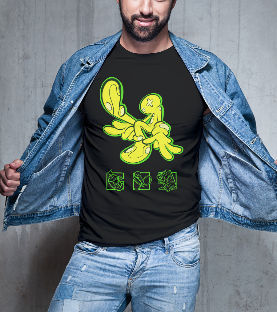 OFFCANNY Neon Cartoon Figure With Iconic Symbols T-Shirt