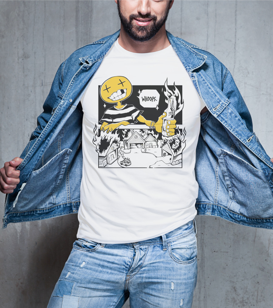 OFFCANNY New Merch Whoops Smiling Figure With Flaming Houses And Bottle T-Shirt