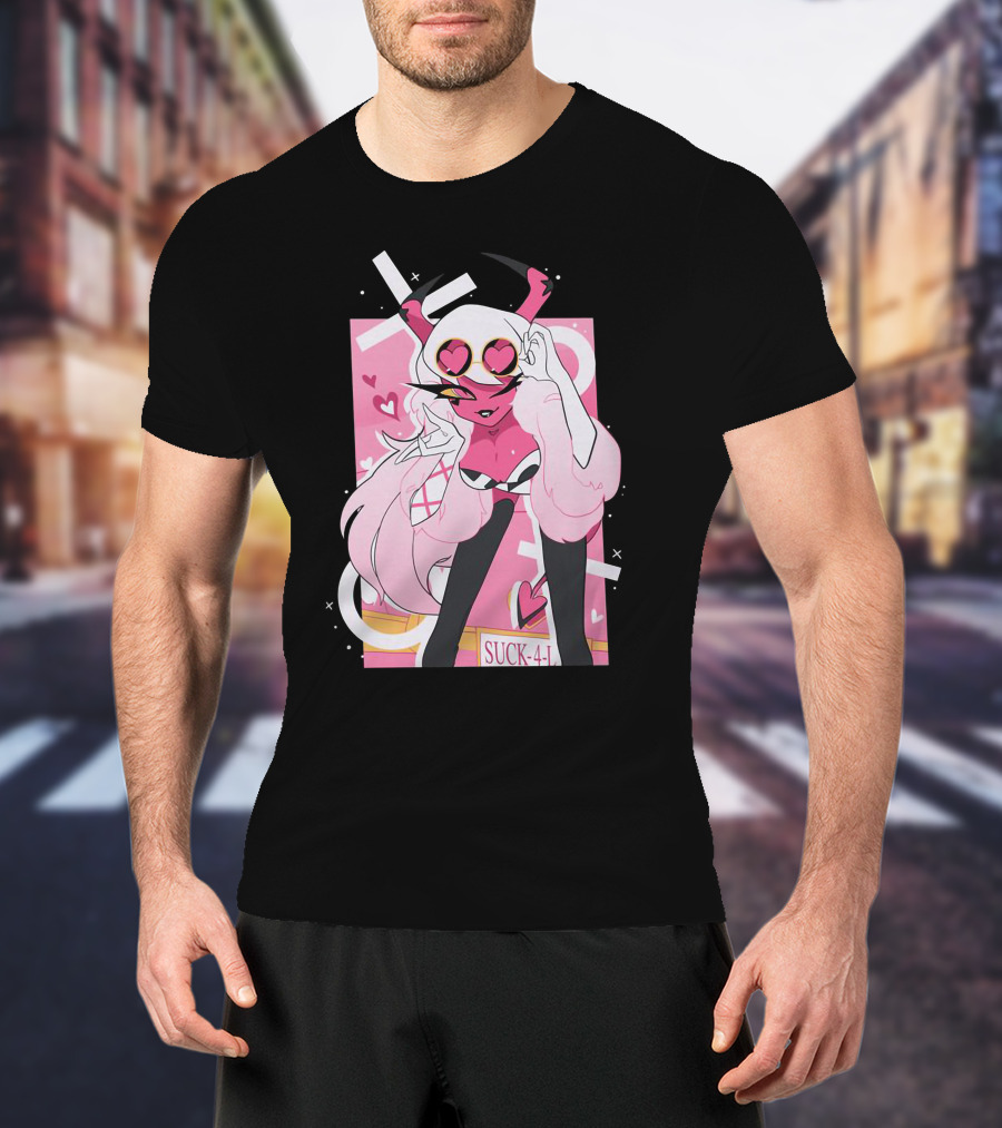 Helluva Boss Mrs Mayberry Suck-4-L<3 Hearts Pink And White Demon Character T-Shirt