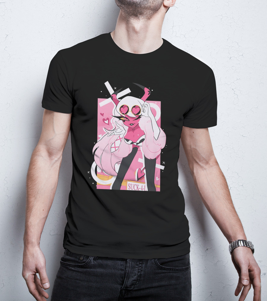 Helluva Boss Mrs Mayberry Suck-4-L<3 Hearts Pink And White Demon Character T-Shirt