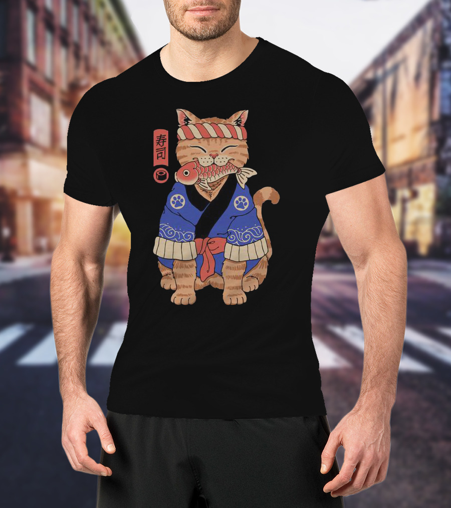 Sushi Cat In Traditional Japanese Outfit With Fish And Kanji T-Shirt