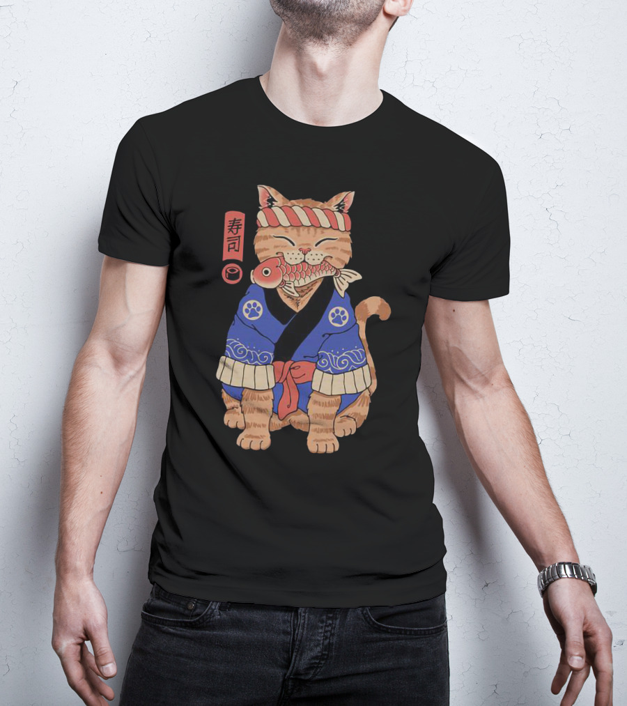 Sushi Cat In Traditional Japanese Outfit With Fish And Kanji T-Shirt
