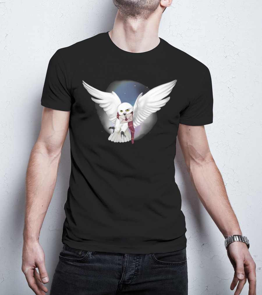 Snowy White Owl With Letter And Red Scarf In Starry Sky T-Shirt