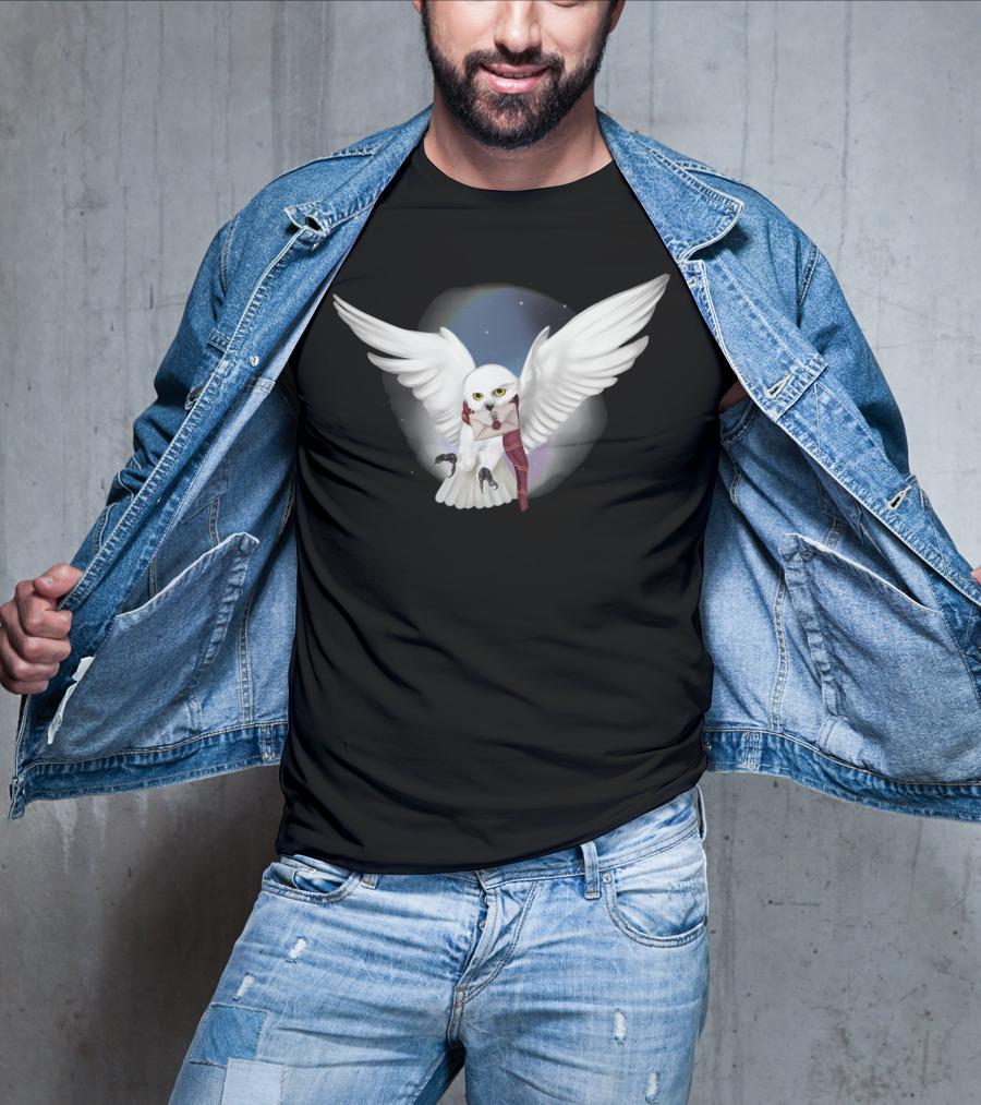 Snowy White Owl With Letter And Red Scarf In Starry Sky T-Shirt