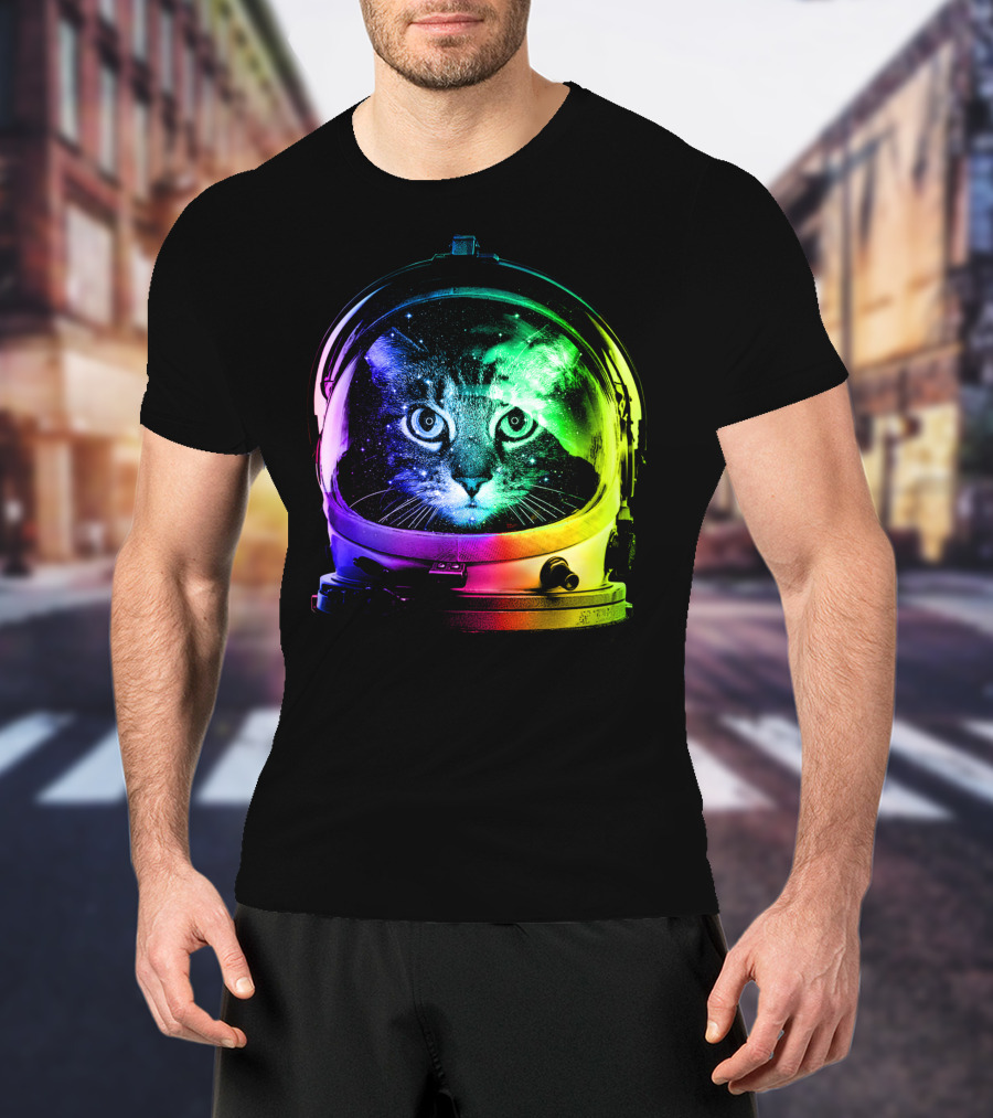 Astronaut Cat Classic Funny Cat In Space Helmet With Rainbow Glow T-Shirt