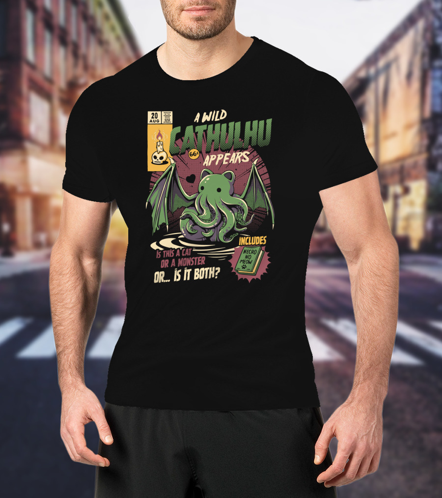 A Wild Cathulhu Appears Cat Or Monster Includes Necro No Meow T-Shirt