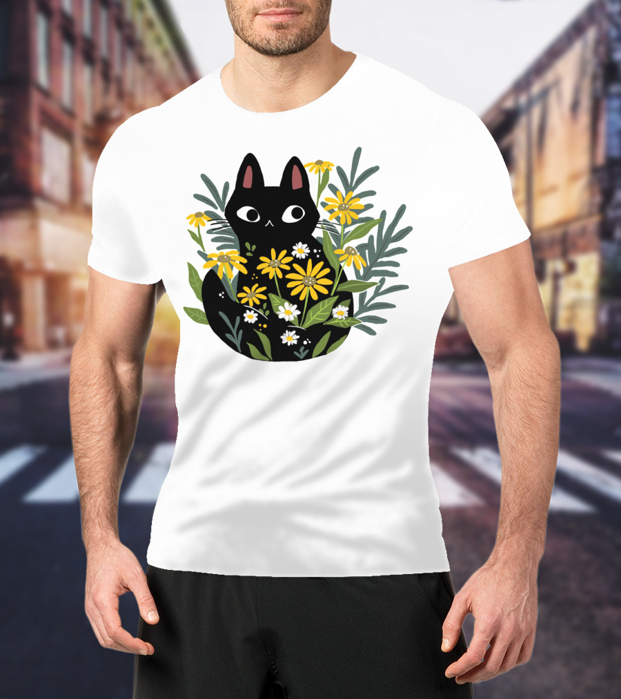 Black Cat With Flowers Essential Cute Funny Cat Illustration Floral T-Shirt