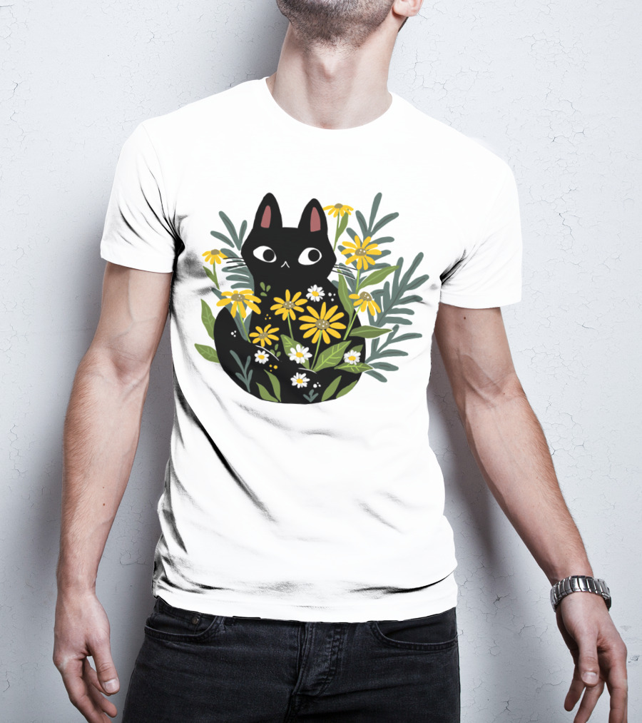 Black Cat With Flowers Essential Cute Funny Cat Illustration Floral T-Shirt
