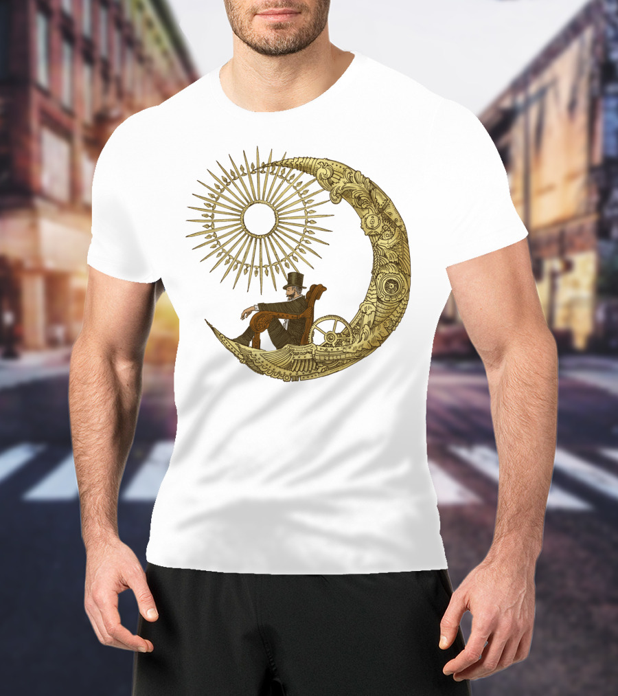 Victorian Gentleman On Ornate Crescent Moon With Sunburst - Moon Travel T-Shirt