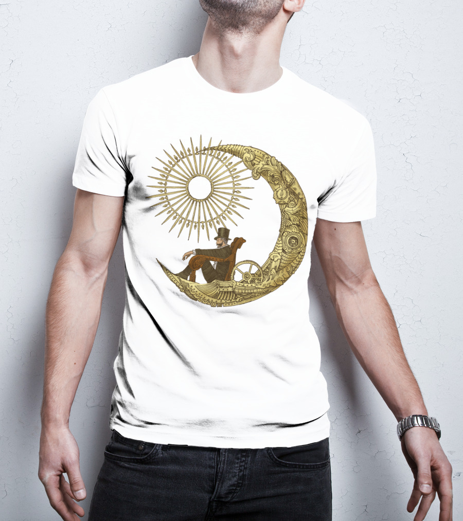 Victorian Gentleman On Ornate Crescent Moon With Sunburst - Moon Travel T-Shirt