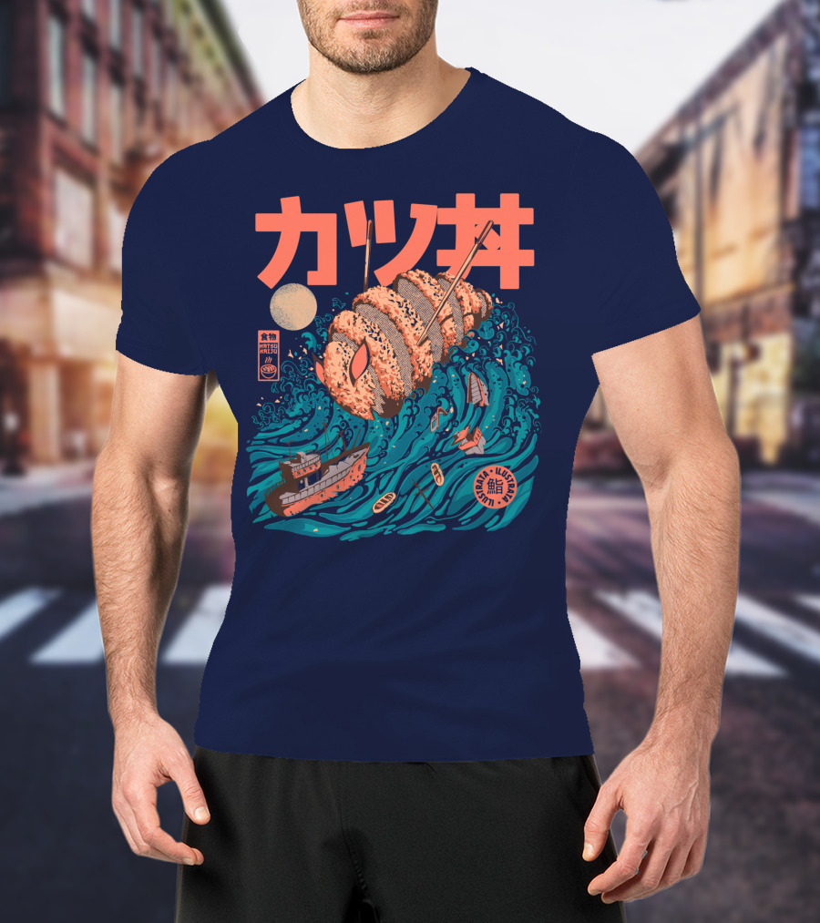 Katsuju Active Sushi Ship Tsunami Katakana Japan Illustration Lunatic Sushi T-Shirt