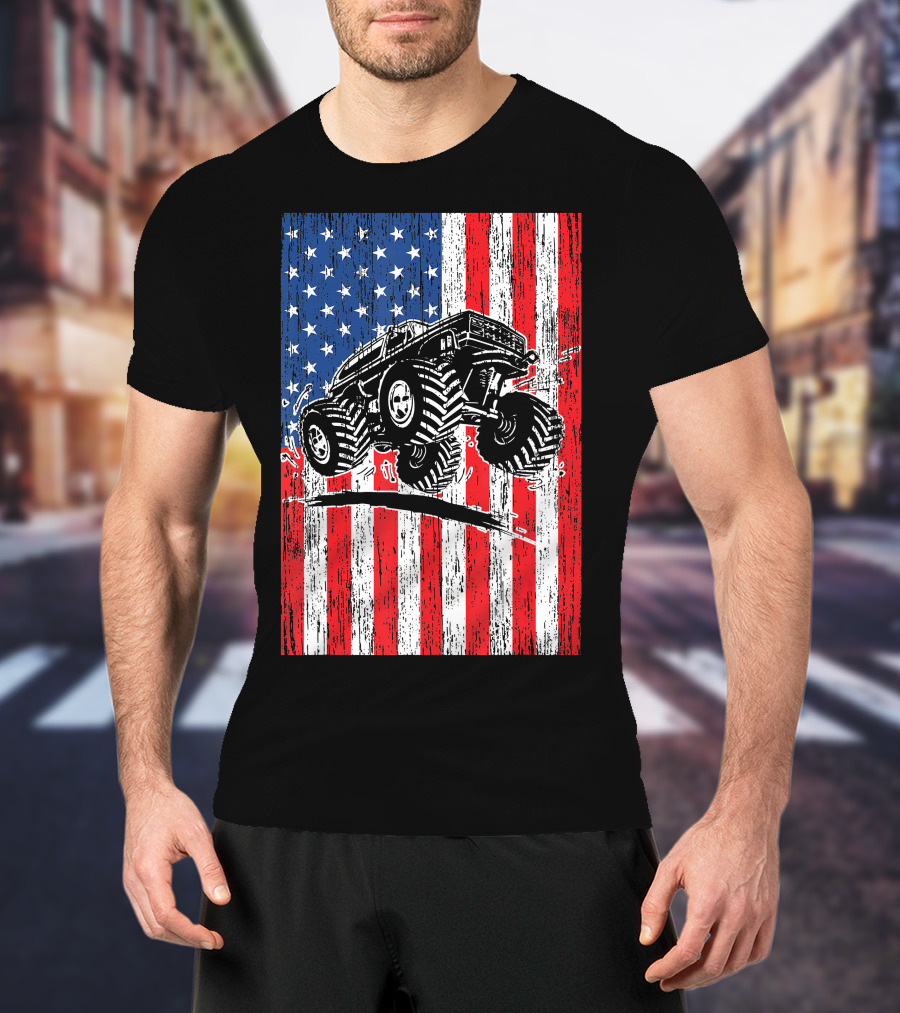 American Flag USA Monster Truck Enthusiast Patriotic T-Shirt