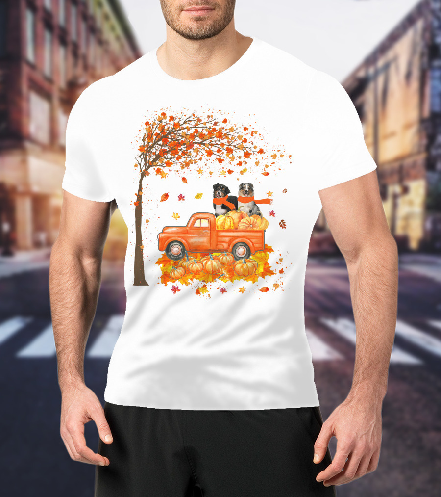 Australian Shepherds With Pumpkins On Orange Truck In Autumn Scene T-Shirt