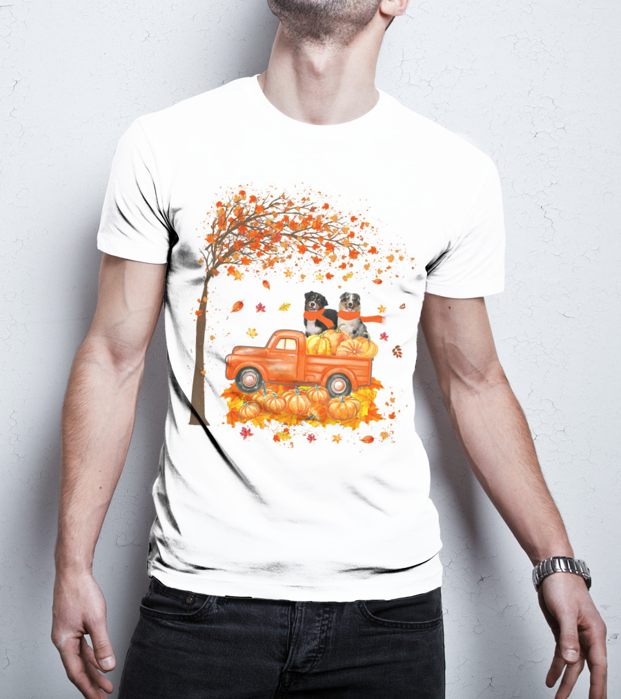 Australian Shepherds With Pumpkins On Orange Truck In Autumn Scene T-Shirt
