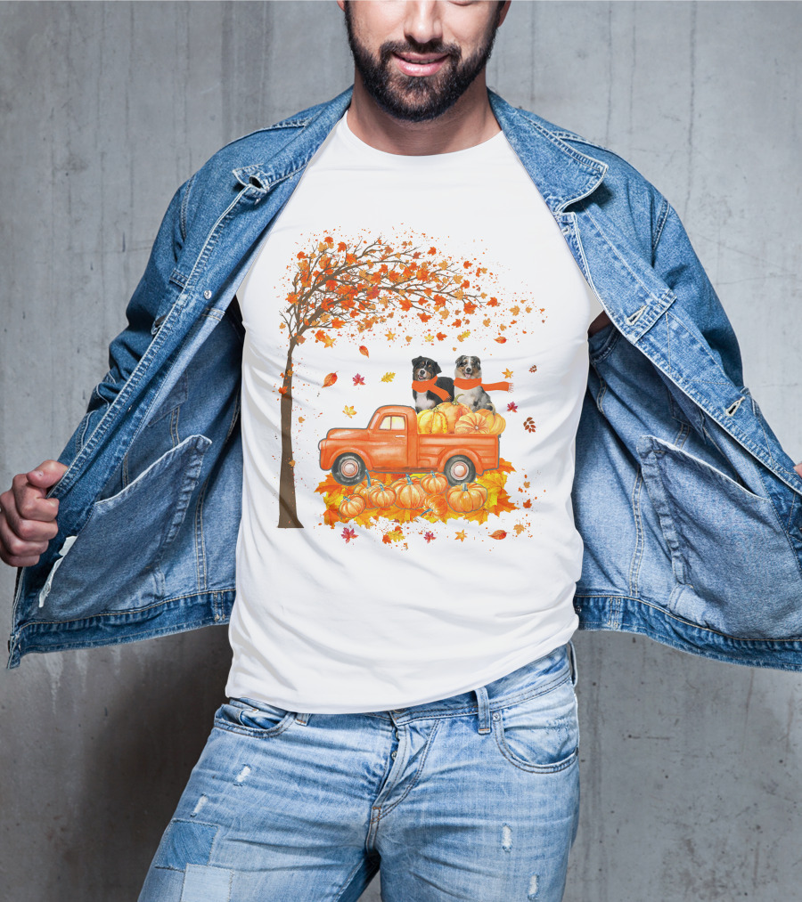 Australian Shepherds With Pumpkins On Orange Truck In Autumn Scene T-Shirt