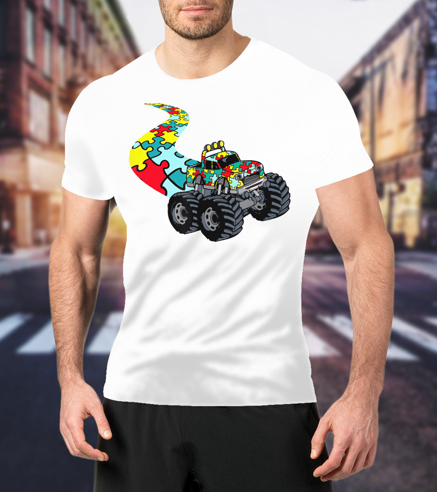 Autism Awareness Puzzle Piece Monster Truck For Boys T-Shirt