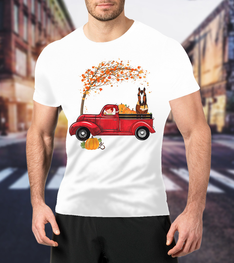 Autumn Fall Season Red Truck Horse Pumpkins Thanksgiving Day T-Shirt