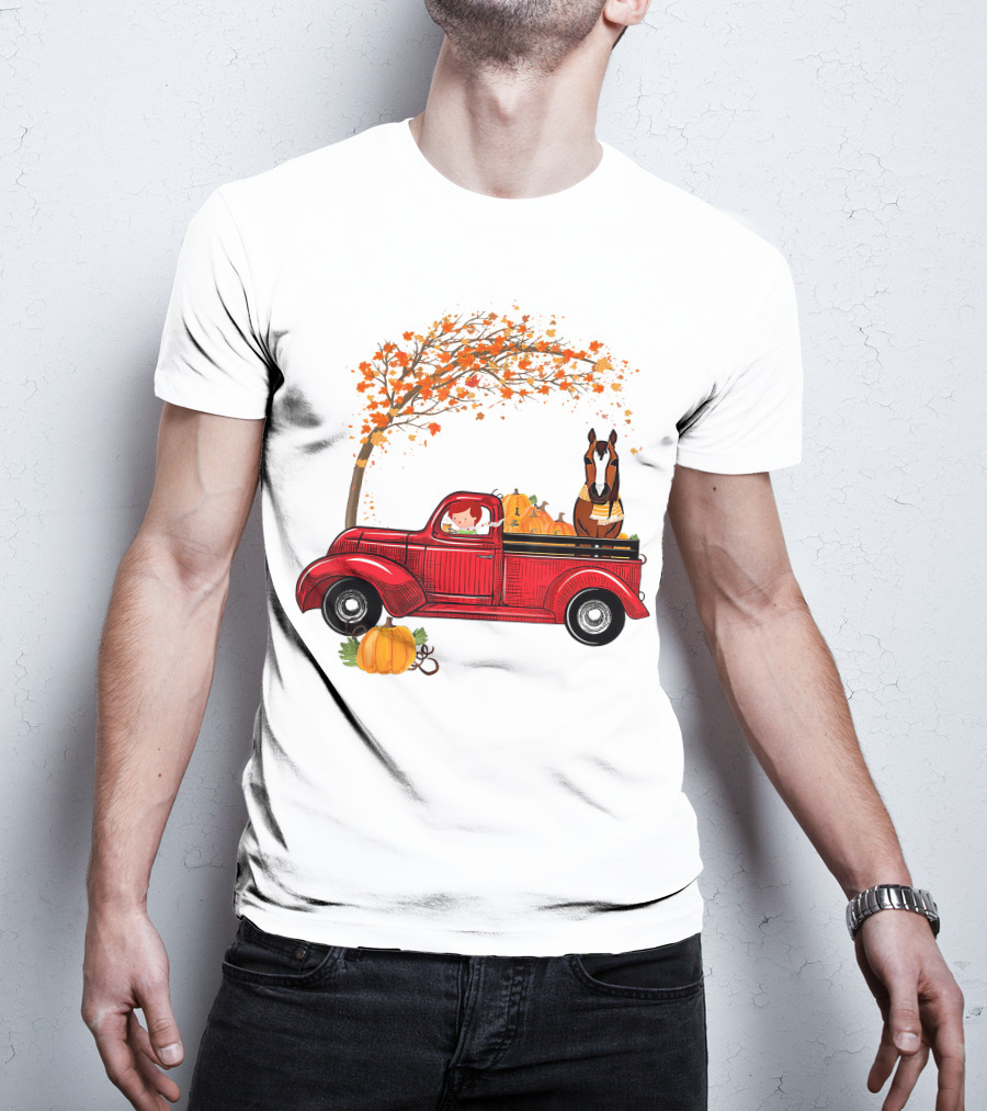 Autumn Fall Season Red Truck Horse Pumpkins Thanksgiving Day T-Shirt