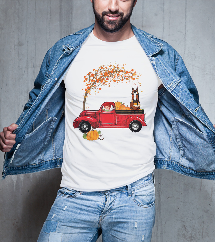 Autumn Fall Season Red Truck Horse Pumpkins Thanksgiving Day T-Shirt