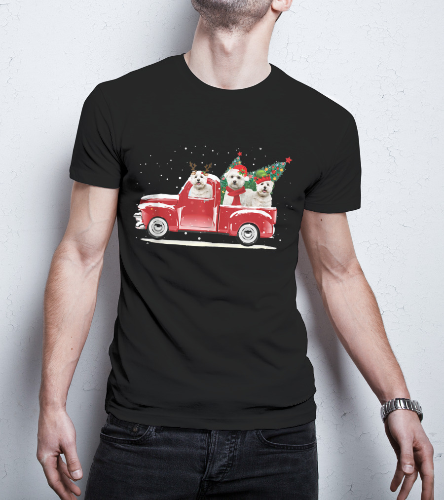 Bichon Frise Reindeer And Santa Christmas Truck With Trees T-Shirt