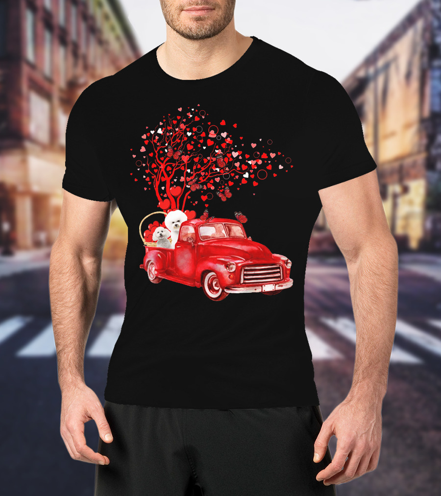 Bichon Frise Valentine Red Truck With Heart Tree And Butterflies T-Shirt
