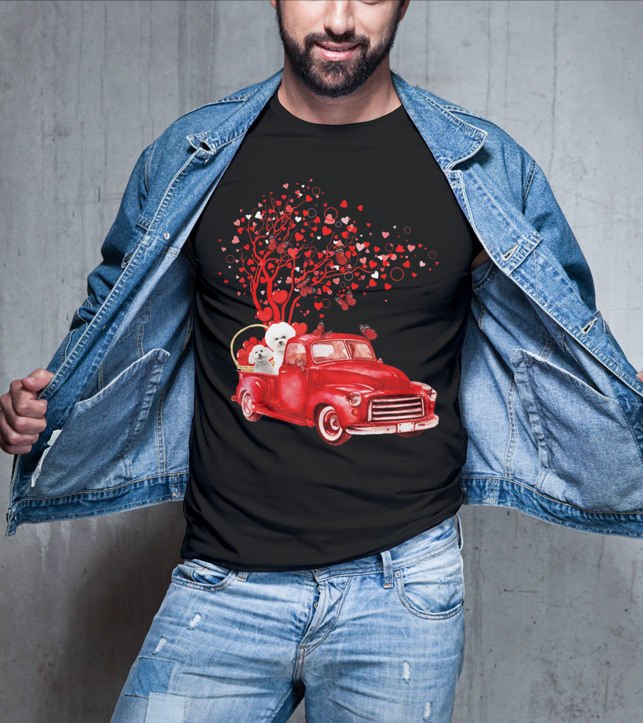 Bichon Frise Valentine Red Truck With Heart Tree And Butterflies T-Shirt