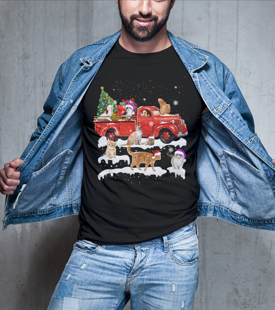 Merry Christmas Cat Riding Red Truck With Kittens And X Mas Tree T-Shirt