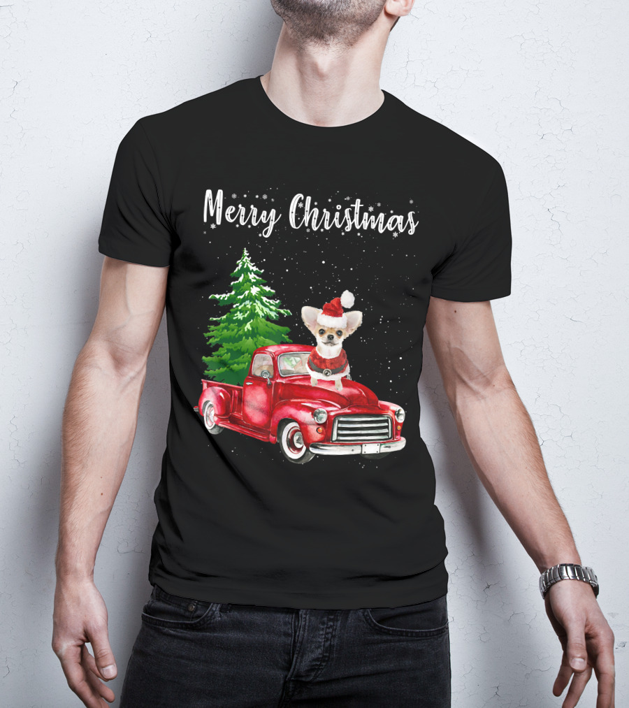 Merry Christmas Chihuahua With Santa Hat Riding Red Truck And Christmas Tree T-Shirt