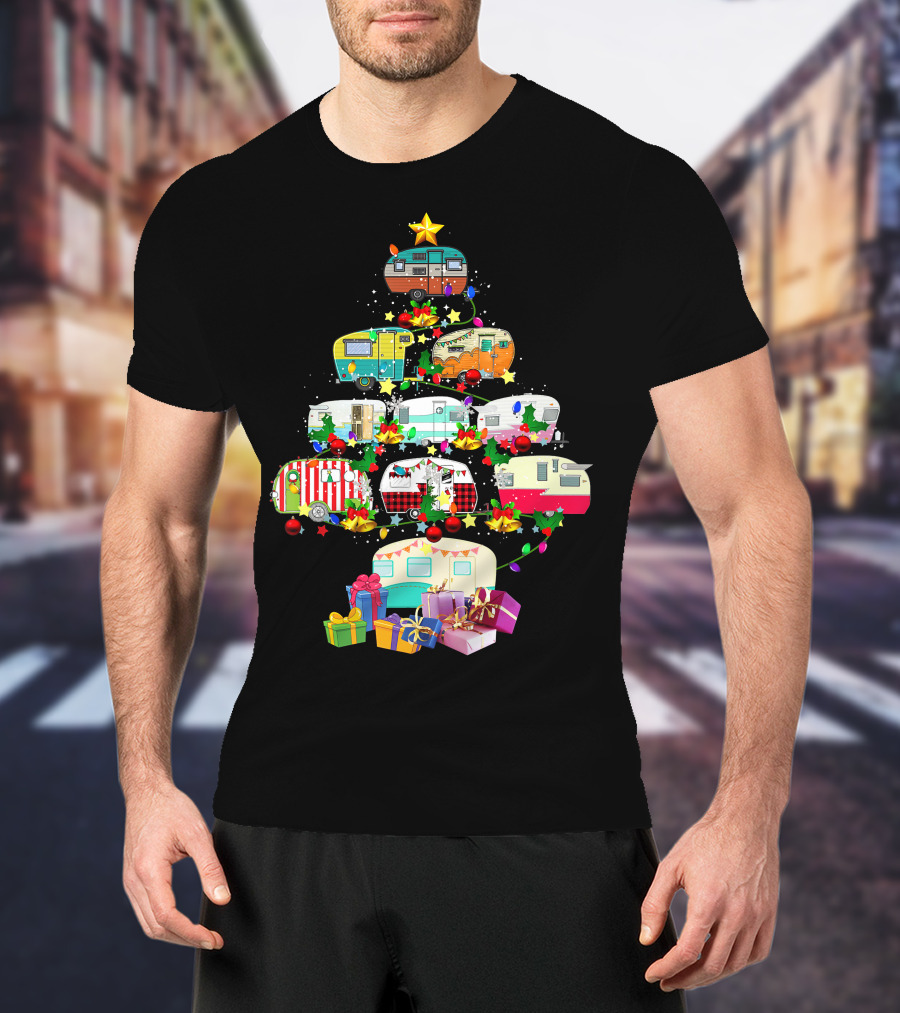 Christmas Camping Lover X Mas Camper Tree With Trucks And Gifts T-Shirt