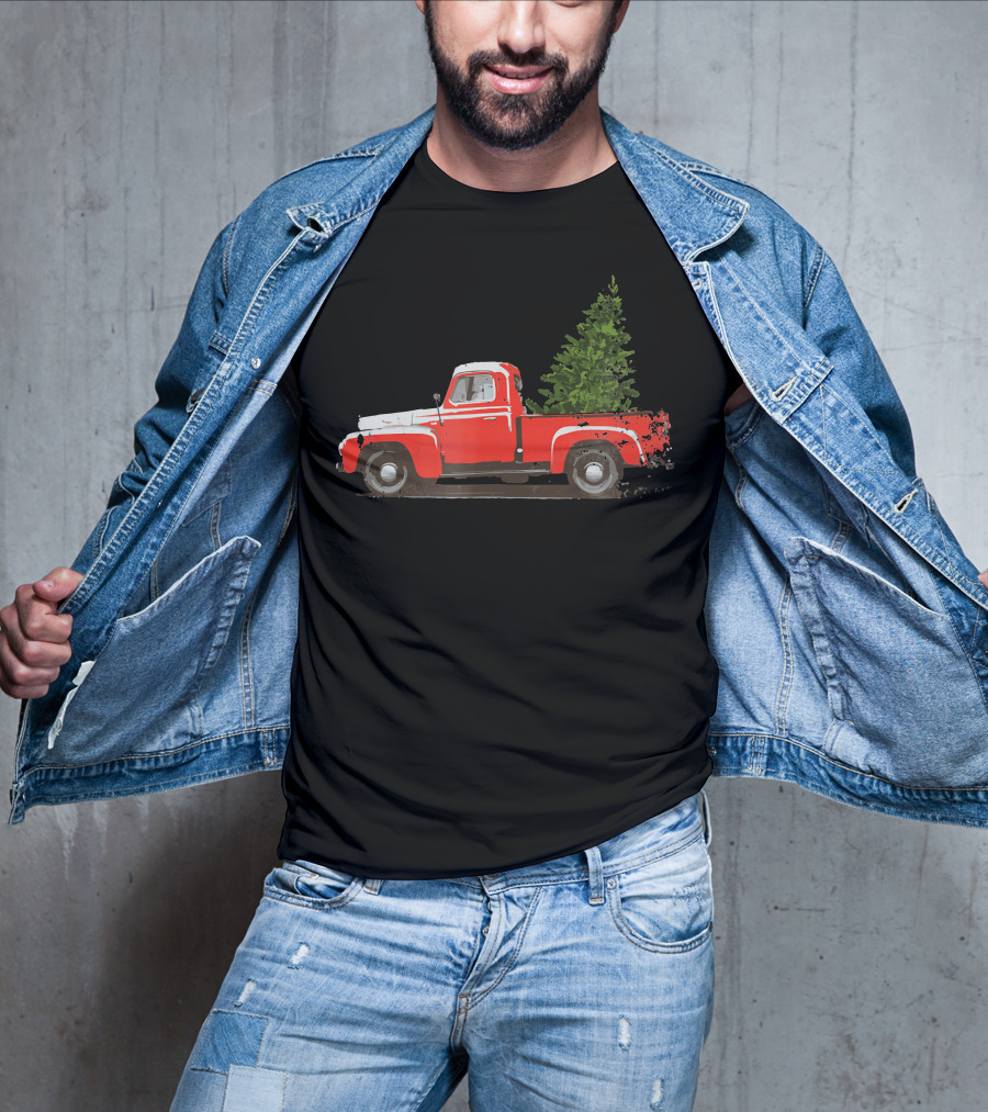 Classic Red Pickup Truck With Christmas Tree T-Shirt
