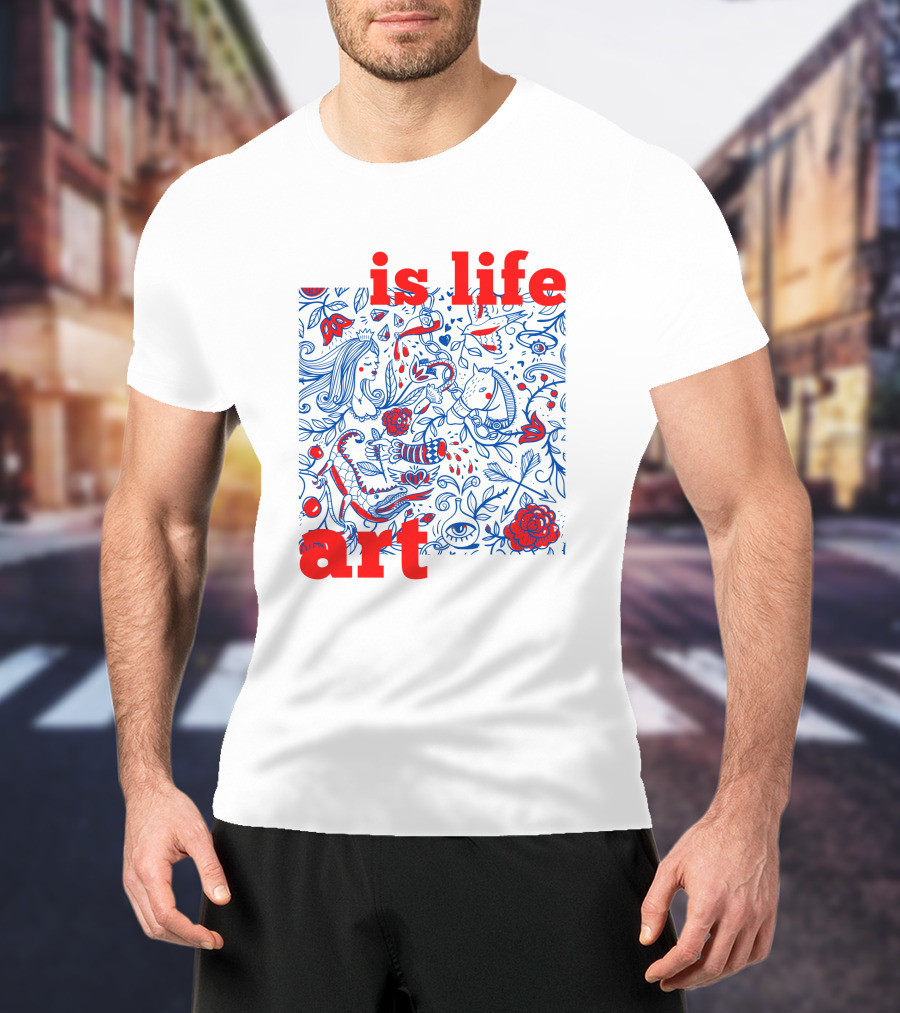 Is Life Art Floral Fantasy In Red And Blue T-Shirt