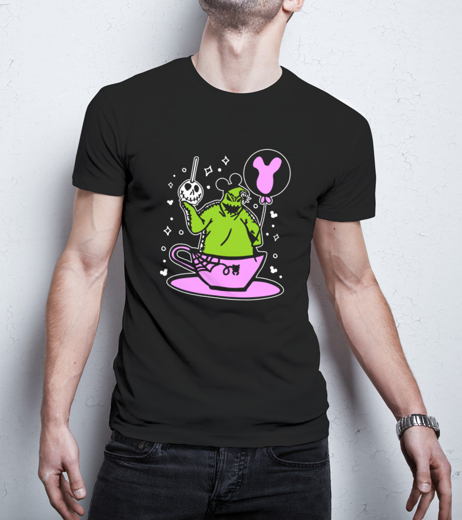 Oogie Boogie In Pink Tea Cup With Mickey Ears Balloon And Spider Details T-Shirt