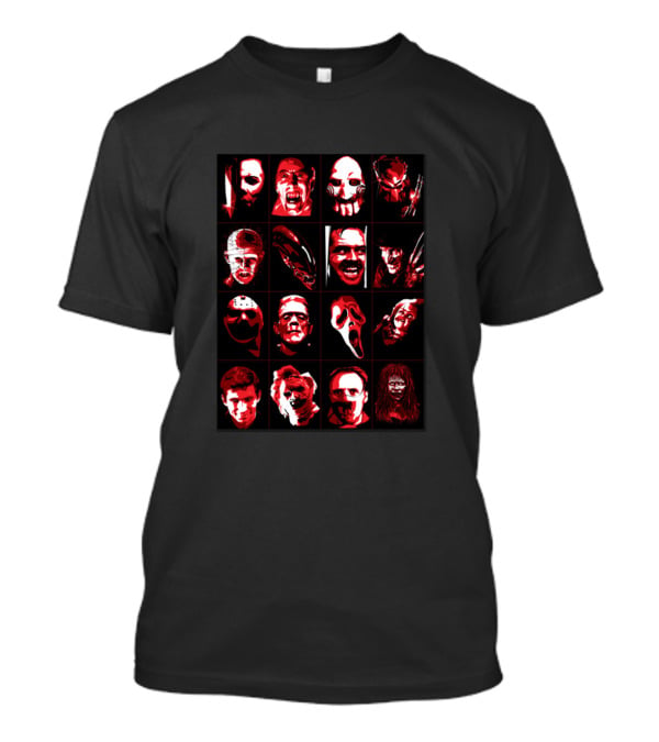 Halloween Horror Icons Collage Featuring Masked Faces And Grinning Villains T-Shirt