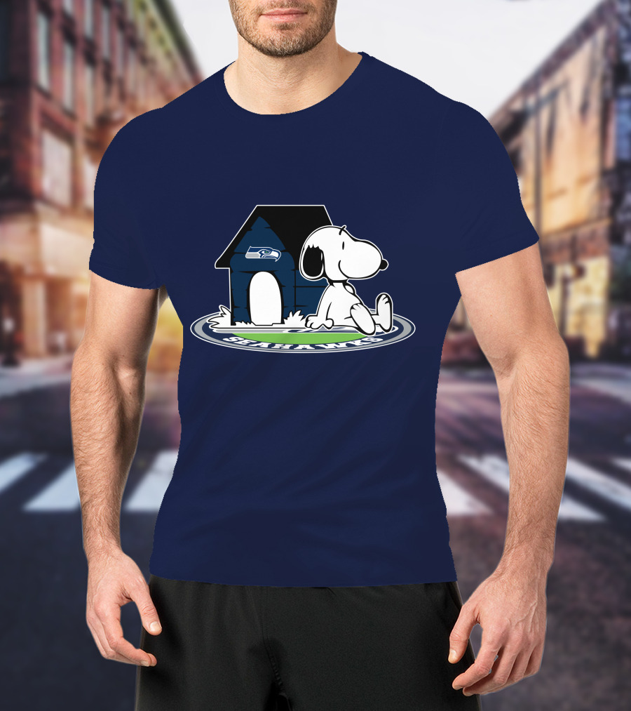 Seattle Seahawks Fan Forever With Snoopy Sitting By Doghouse T-Shirt