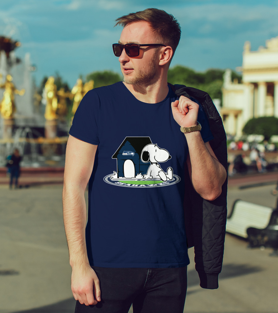 Seattle Seahawks Fan Forever With Snoopy Sitting By Doghouse T-Shirt