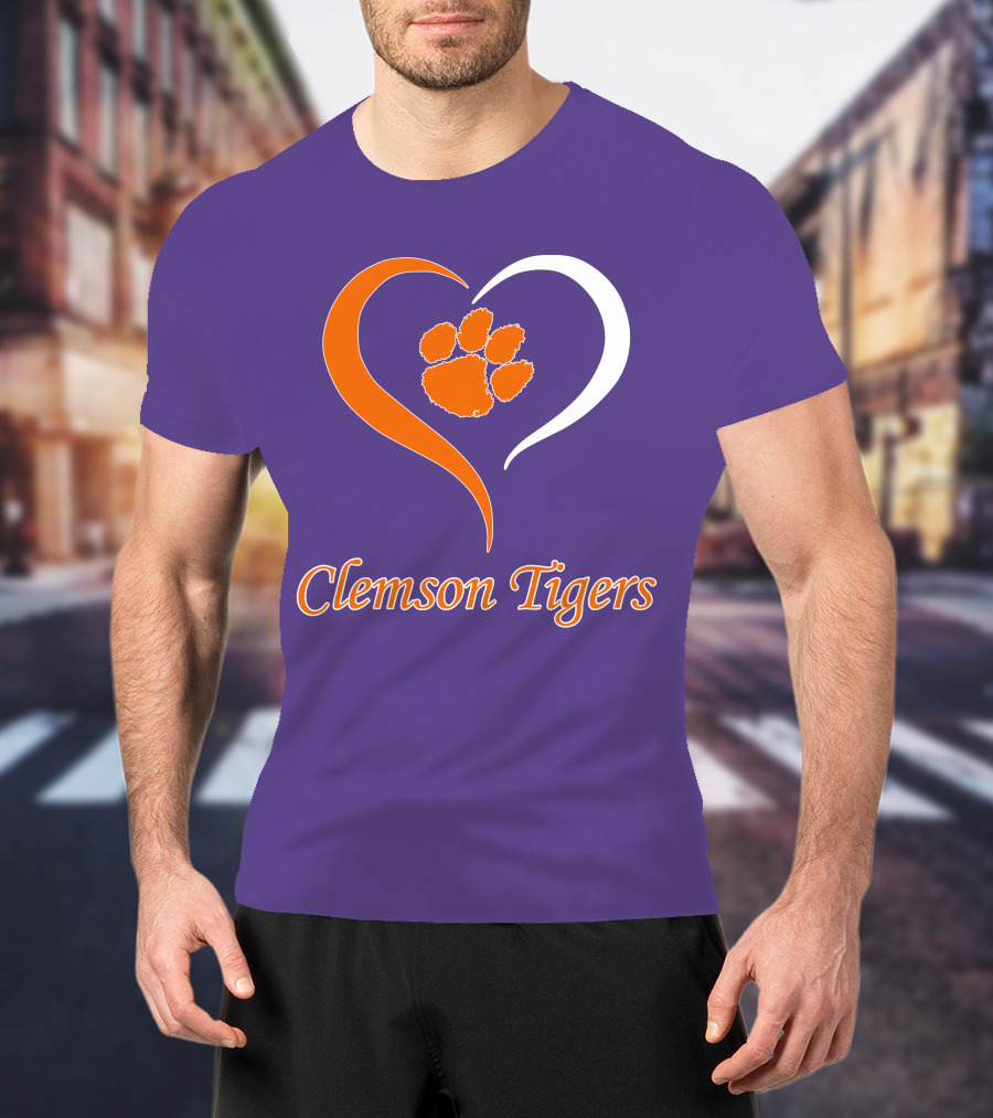 Clemson Tigers Heart Paw Print Purple And Orange T-Shirt