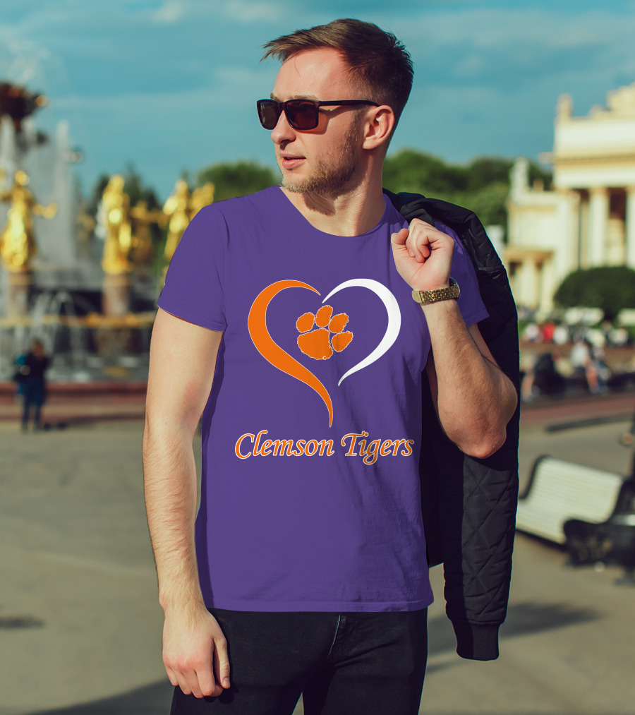 Clemson Tigers Heart Paw Print Purple And Orange T-Shirt