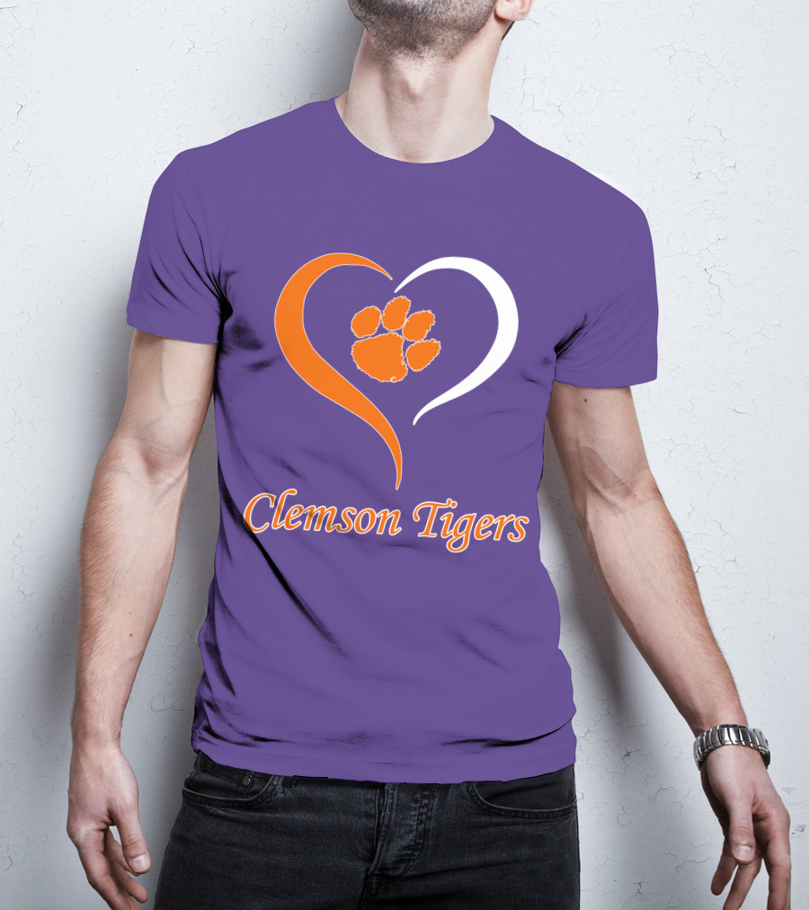 Clemson Tigers Heart Paw Print Purple And Orange T-Shirt