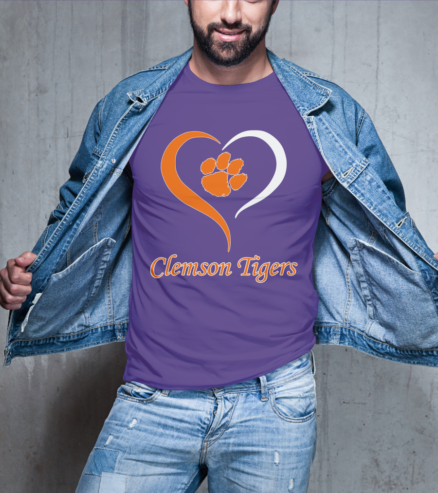 Clemson Tigers Heart Paw Print Purple And Orange T-Shirt
