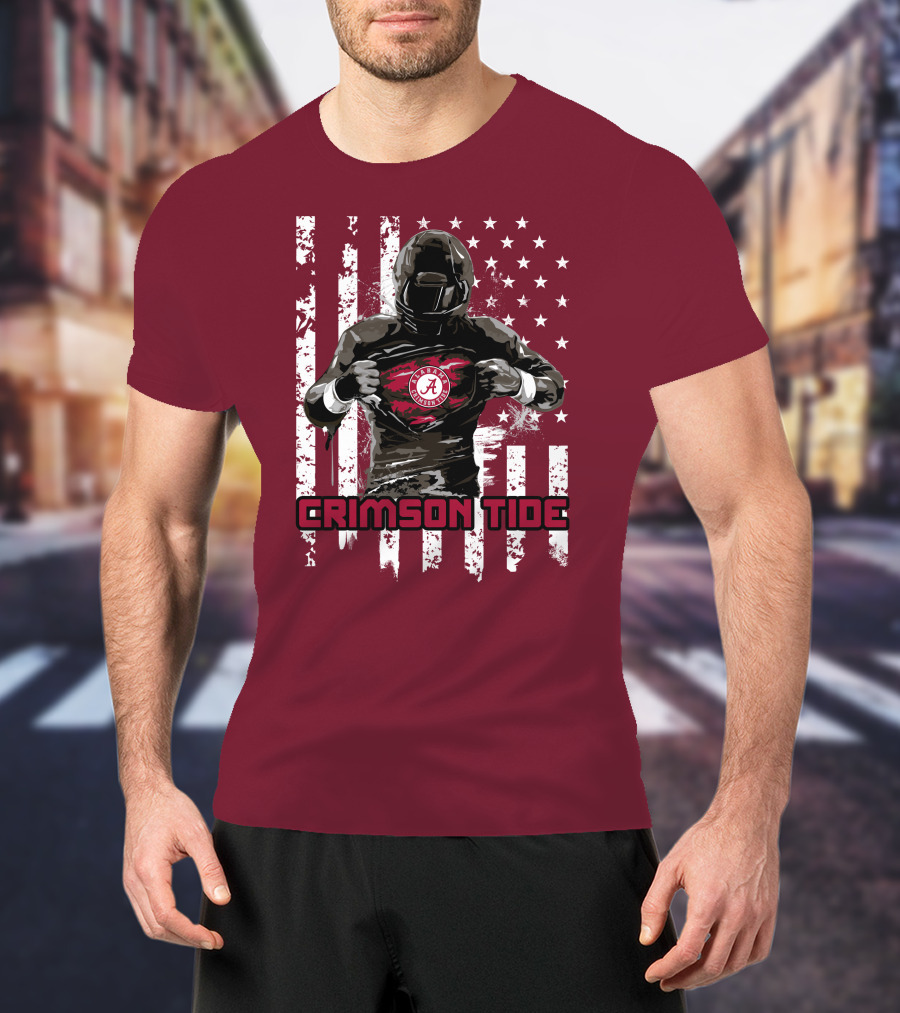 Alabama Crimson Tide Superhero American Flag Football Fan T-Shirt