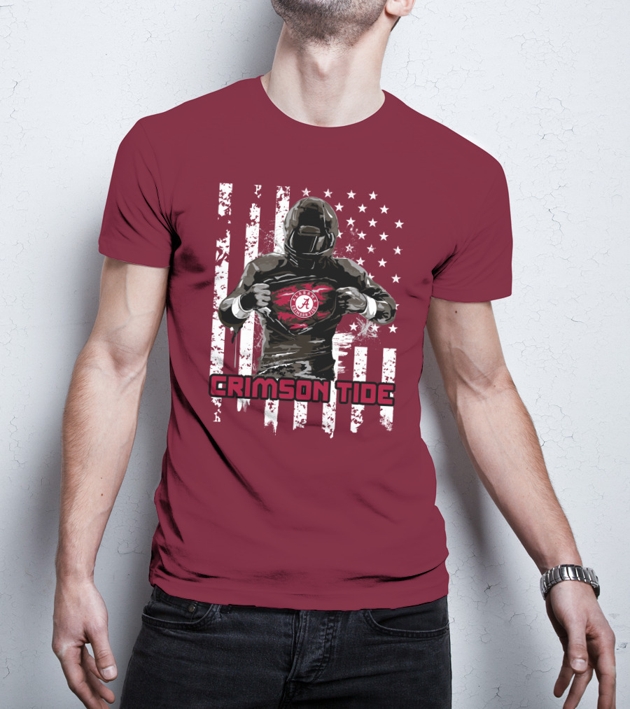 Alabama Crimson Tide Superhero American Flag Football Fan T-Shirt