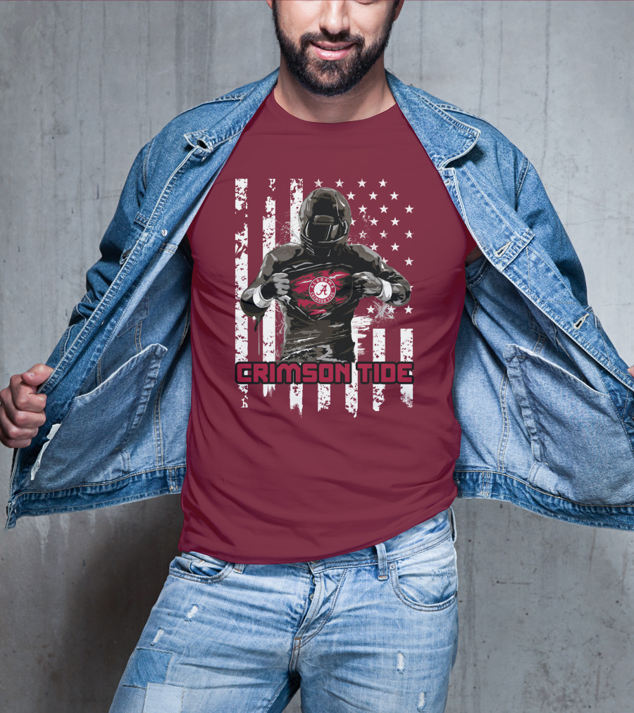 Alabama Crimson Tide Superhero American Flag Football Fan T-Shirt